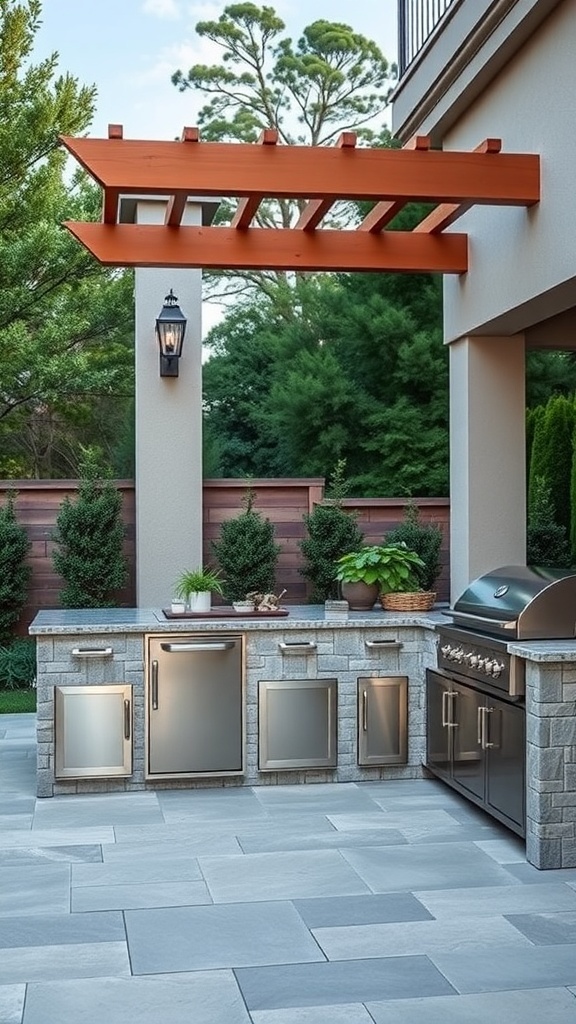 An outdoor kitchen featuring stainless steel appliances and a stone countertop, complemented by a wooden pergola.