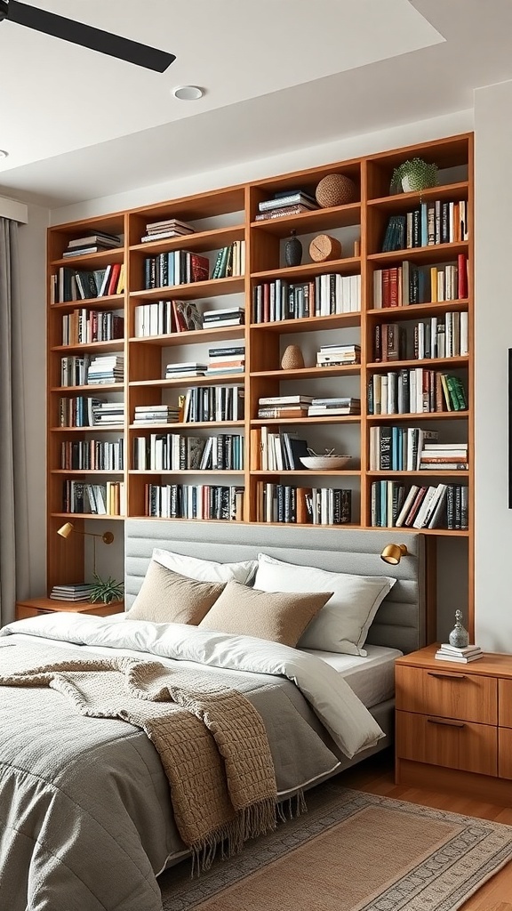 A cozy bedroom featuring a large wooden modular bookshelf filled with books and decorative items above a neatly made bed.
