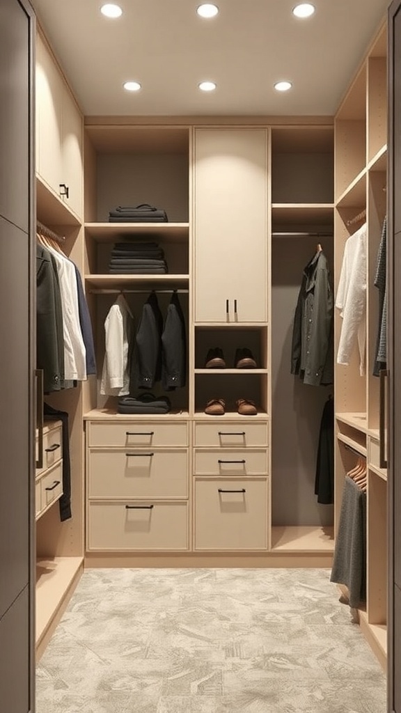 A minimalist walk-in closet featuring customizable modular units with clothes and shoes organized neatly.