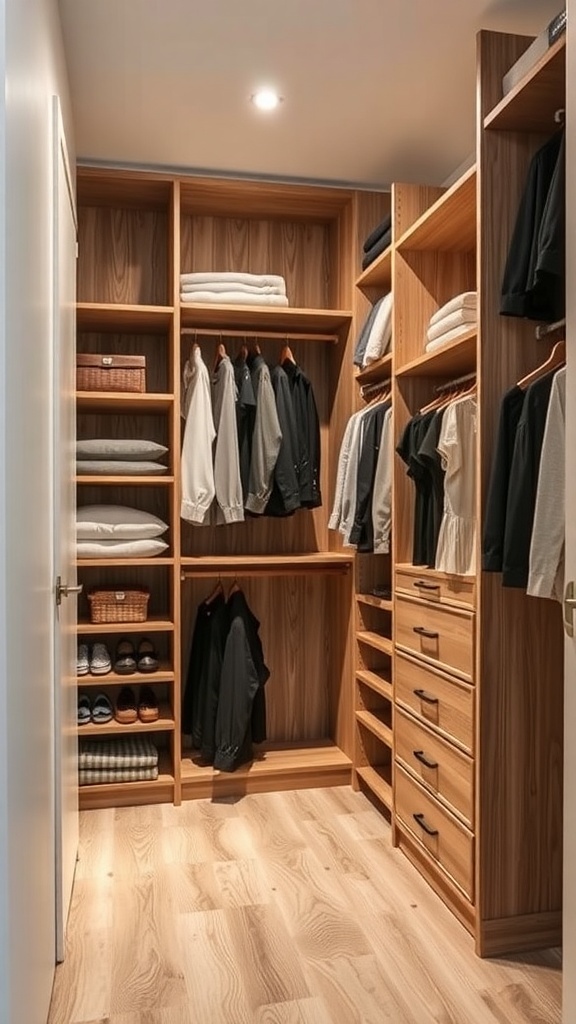 A modern walk-in closet featuring wooden shelves, neatly organized clothing, and a clean layout.