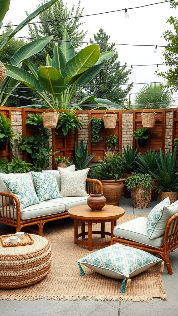 A cozy outdoor patio with cushions and pillows on furniture surrounded by plants.