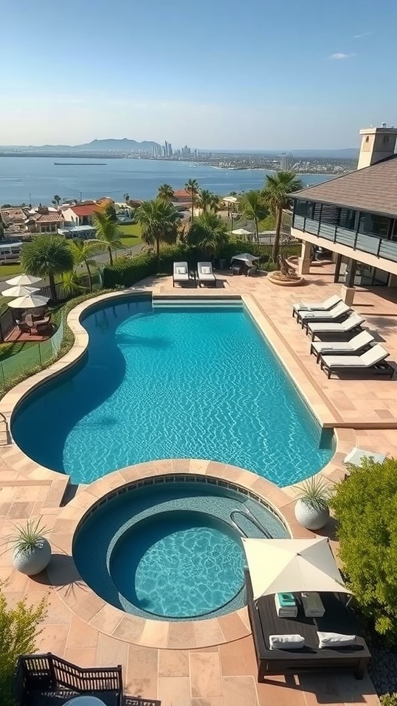 Ein luxuriöser Pool mit geschwungener Form, Whirlpool und Liegen, umgeben von Pflanzen und mit Blick auf das Wasser.
