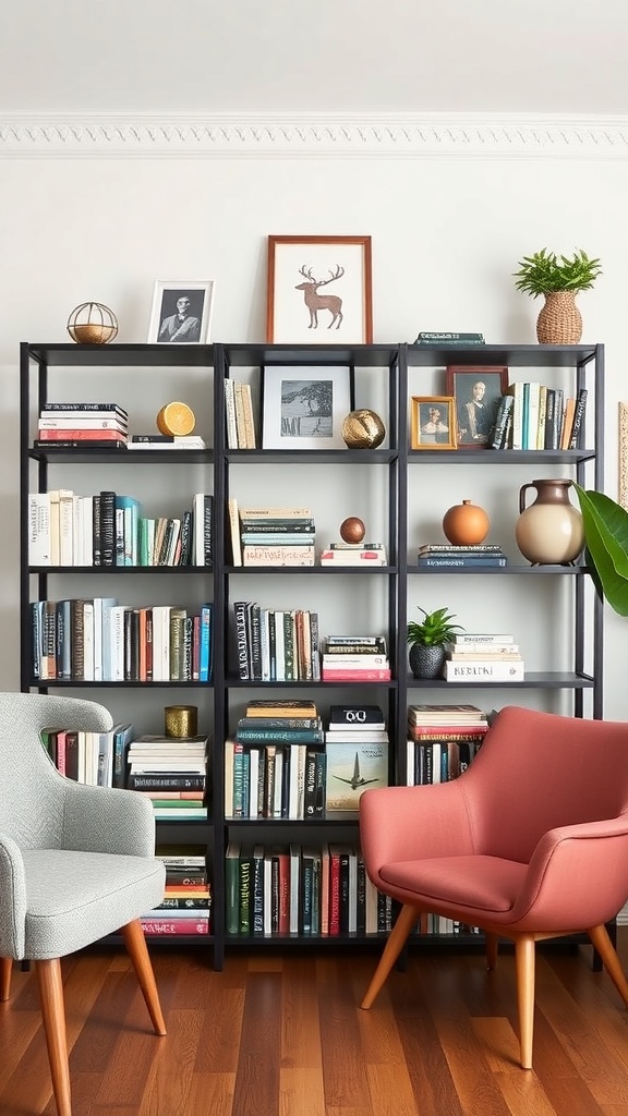 A stylish black shelving unit filled with books and decorative items, with two colorful chairs in front.