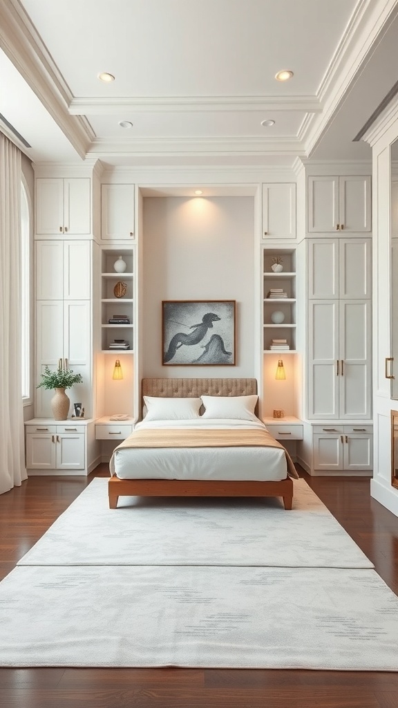 A luxurious bedroom featuring customized built-in cabinetry, warm wood accents, and soft lighting.