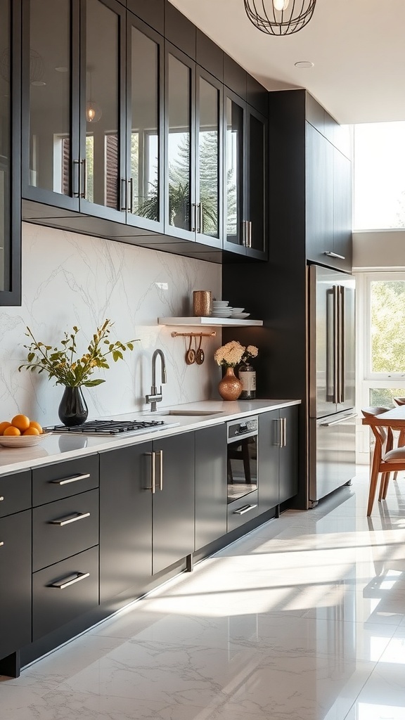 A modern kitchen featuring customized dark cabinetry with glass fronts, open shelving, and a bright, airy atmosphere.