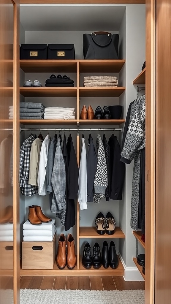 A well-organized closet with shelves, shoes, and clothing neatly arranged.