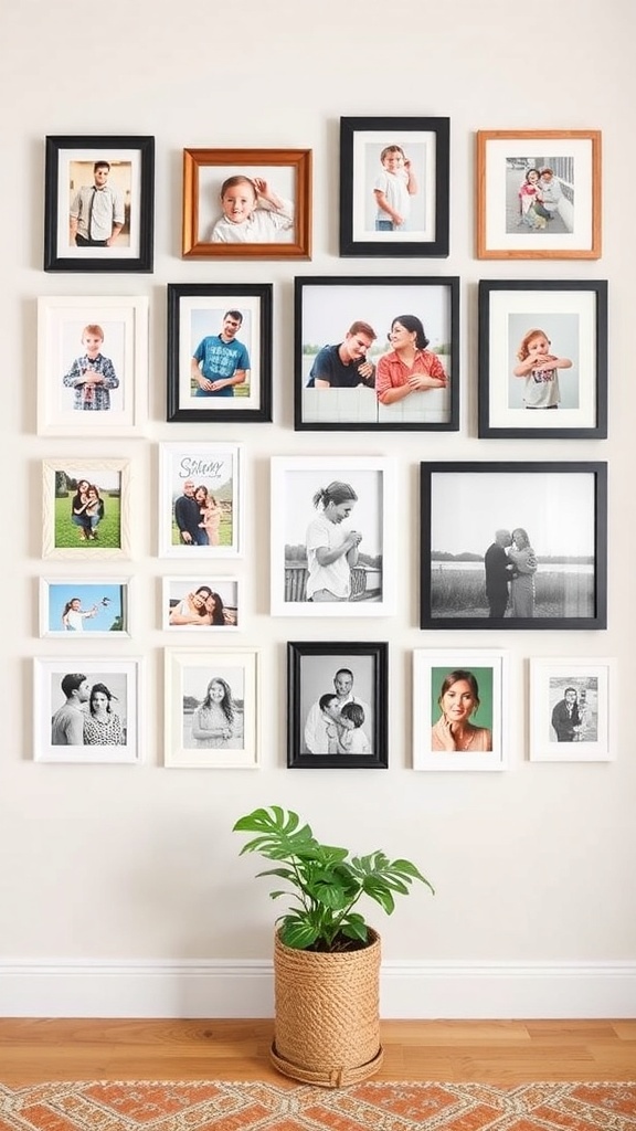 A wall display of various customized photo frames with family photos and a plant in a basket.