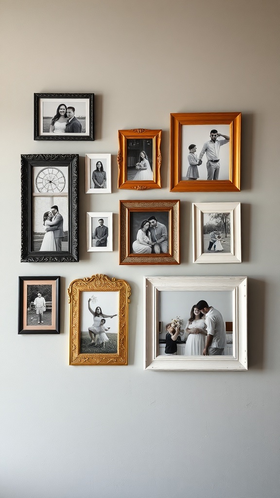 A collection of customized picture frames displaying black and white photos on a wall.