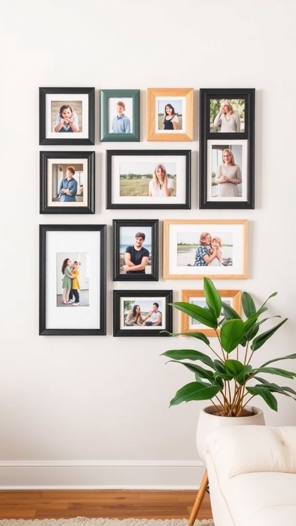 A collection of customized picture frames displaying various photos on a wall.