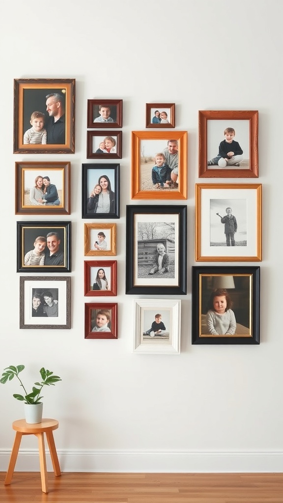 A wall displaying various customized picture frames with family photos.