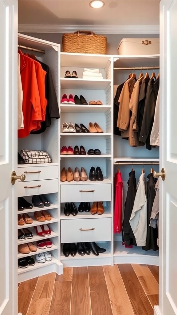 A well-organized walk-in closet featuring customized shelving, shoes, and hanging clothes.