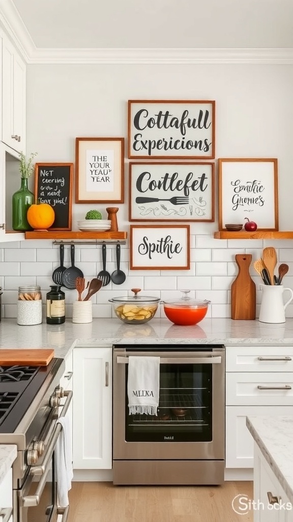 A kitchen with customized wall art framed on the wall, featuring playful phrases and a cozy decor style.