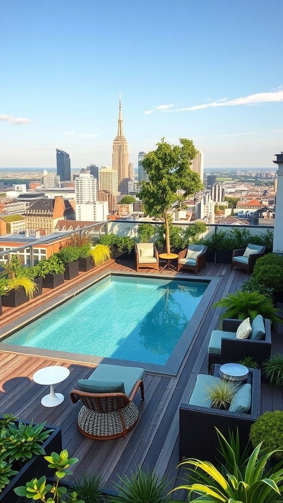 Ein eleganter Dachgarten mit Pool und Pflanzen, Blick auf die Stadt