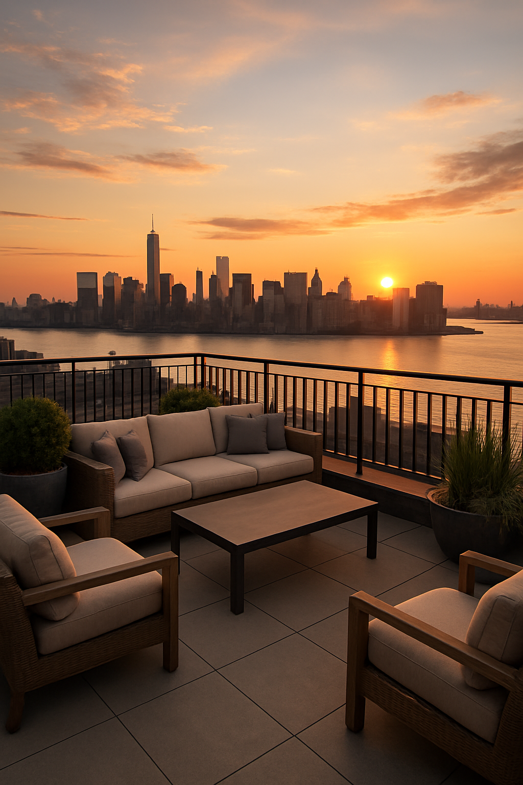 Moderne Dachterrasse mit Blick auf die Stadt und das Wasser, ausgestattet mit weißen Möbeln und Palmen.