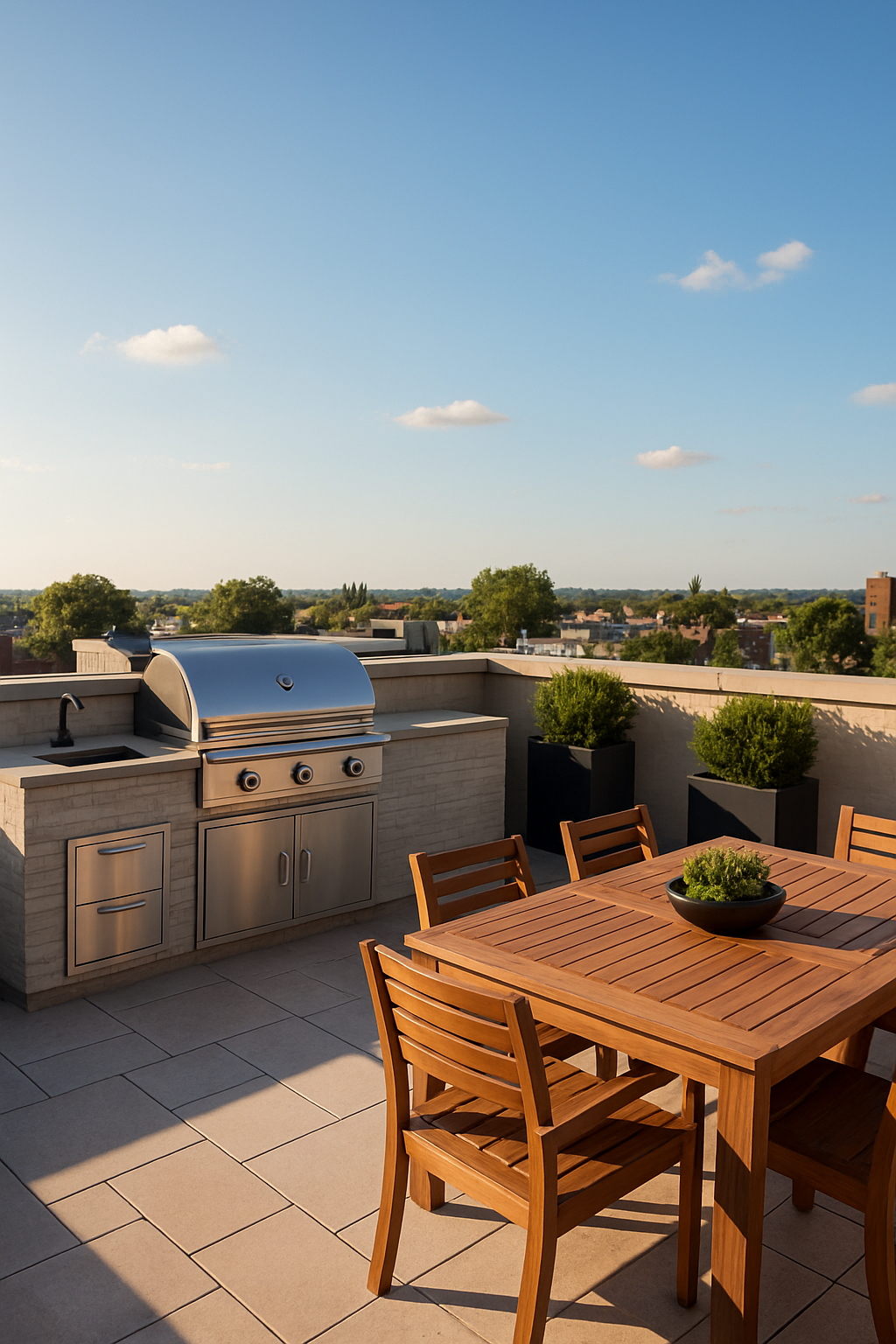 Moderne Dachterrasse mit Grillstation und eleganter Einrichtung