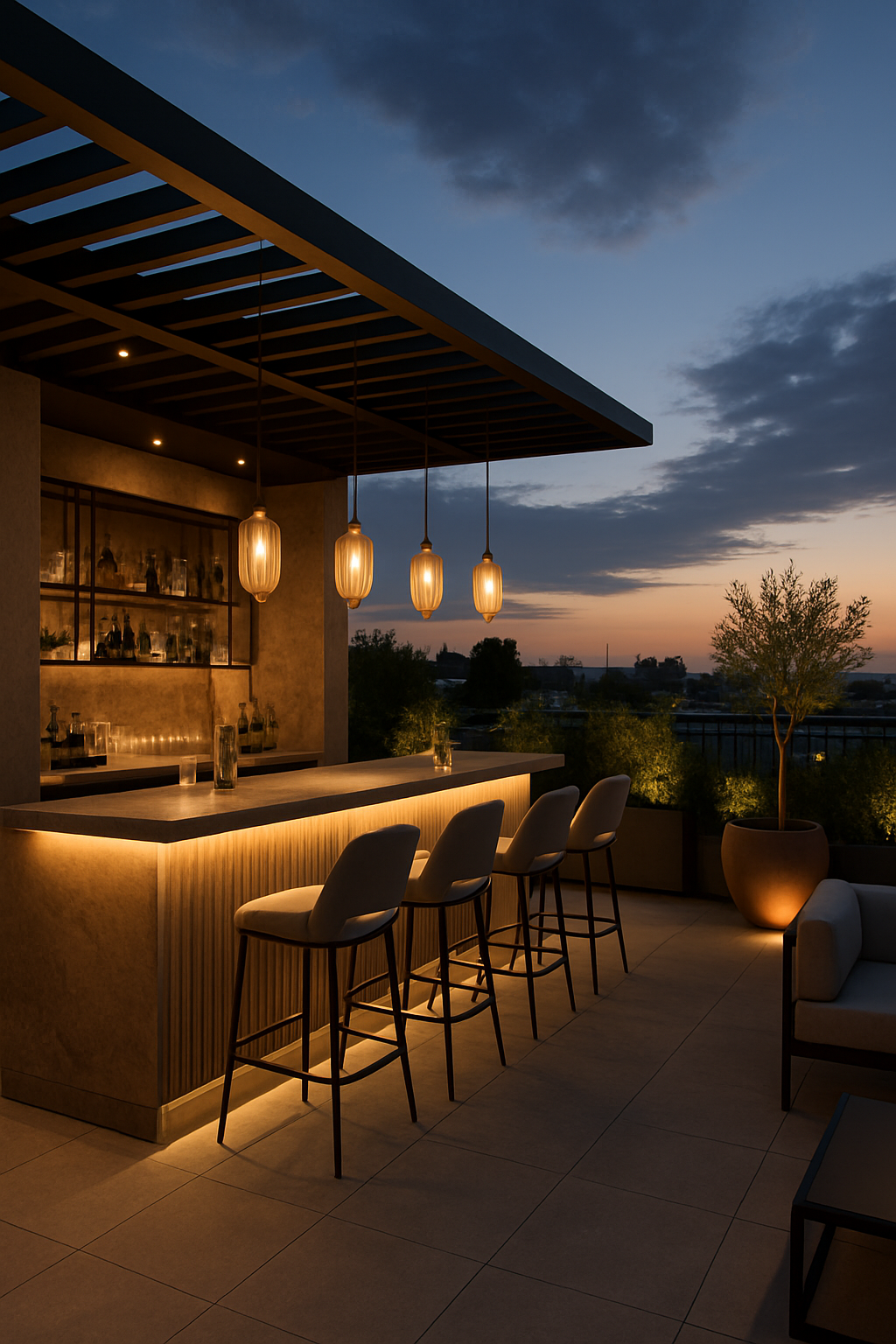 Moderne Dachterrasse mit stilvollem Barbereich und Blick auf das Wasser