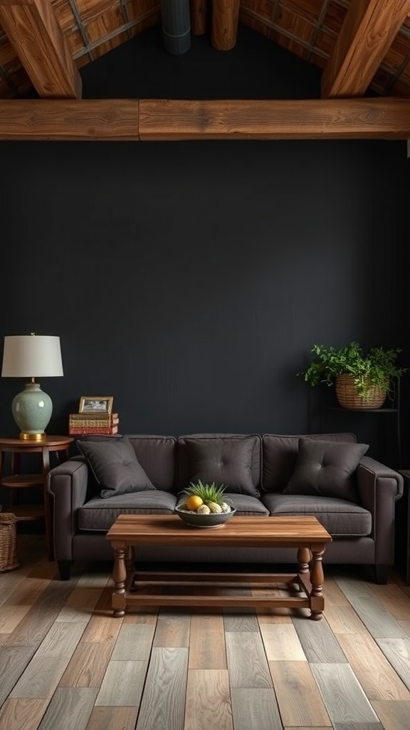 A cozy living room with a dark accent wall, featuring a comfortable sofa, wooden coffee table, and decorative plants.
