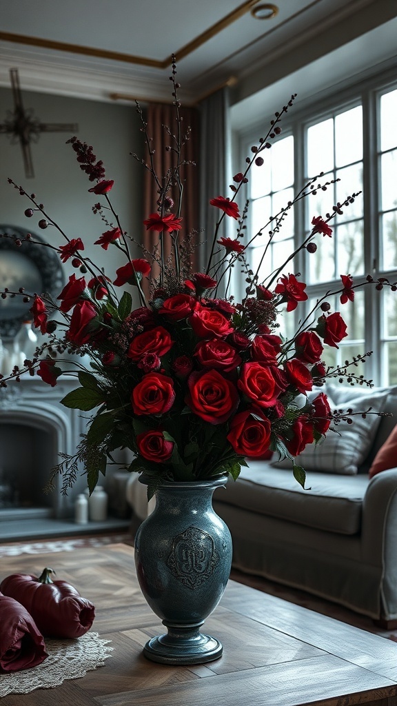 Dunkles Blumenarrangement mit roten Rosen in einer Vase