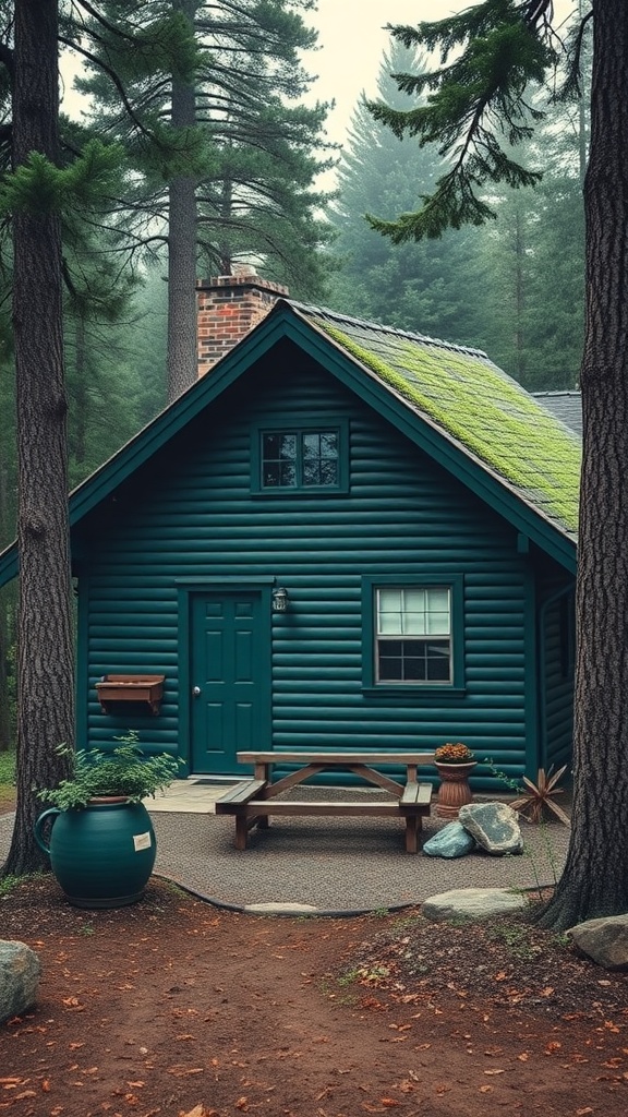A dark green cabin surrounded by trees, showcasing a cozy and natural aesthetic.