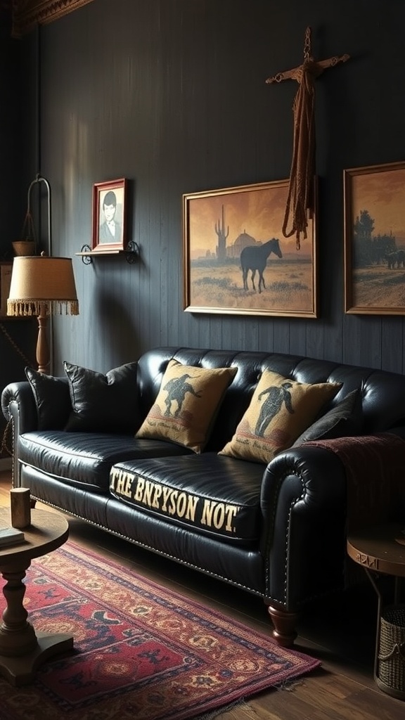 A dark leather sofa with decorative pillows in a rustic setting.
