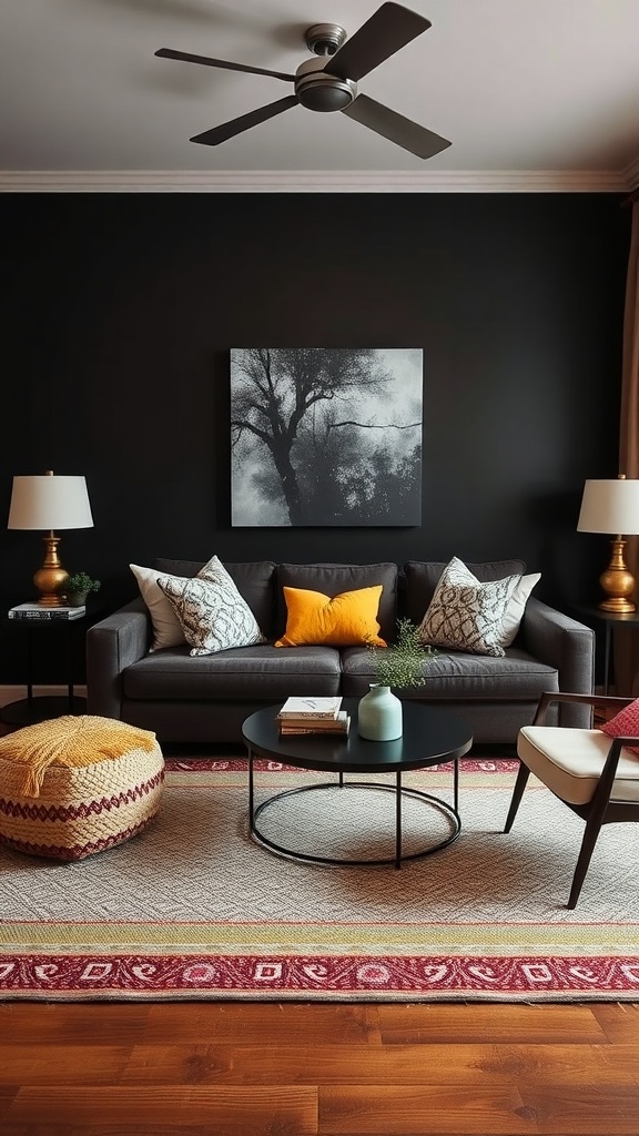 A stylish living room featuring dark walls, a gray sofa with bright pillows, and a colorful pouf.