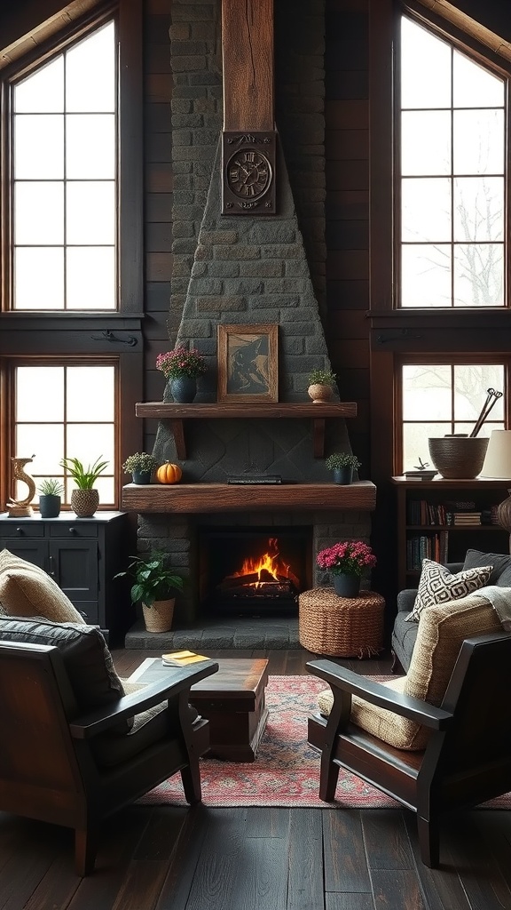 A rustic living room featuring dark wood accents, a stone fireplace, and large windows.