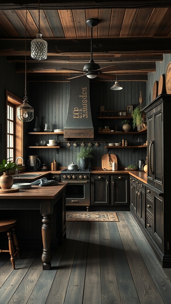 A kitchen featuring dark wood furniture with a rustic design.