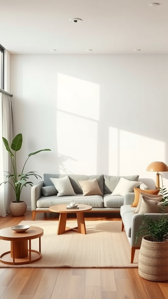 A minimalist living room with a light color palette, featuring a comfortable sofa, wooden tables, and plants.