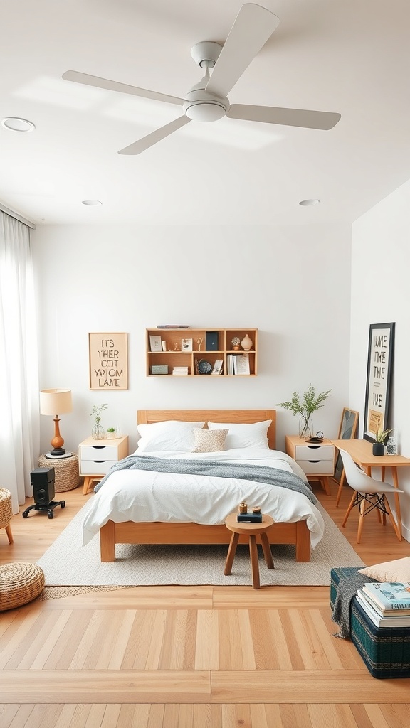 A minimalist Japanese bedroom featuring light wood furniture, white bedding, and a decluttered design.