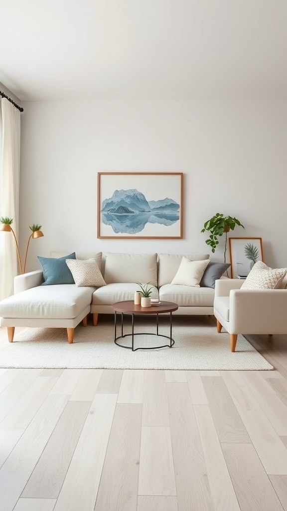 A minimalist living room with a light-colored sofa, decorative pillows, a small coffee table, and plants.