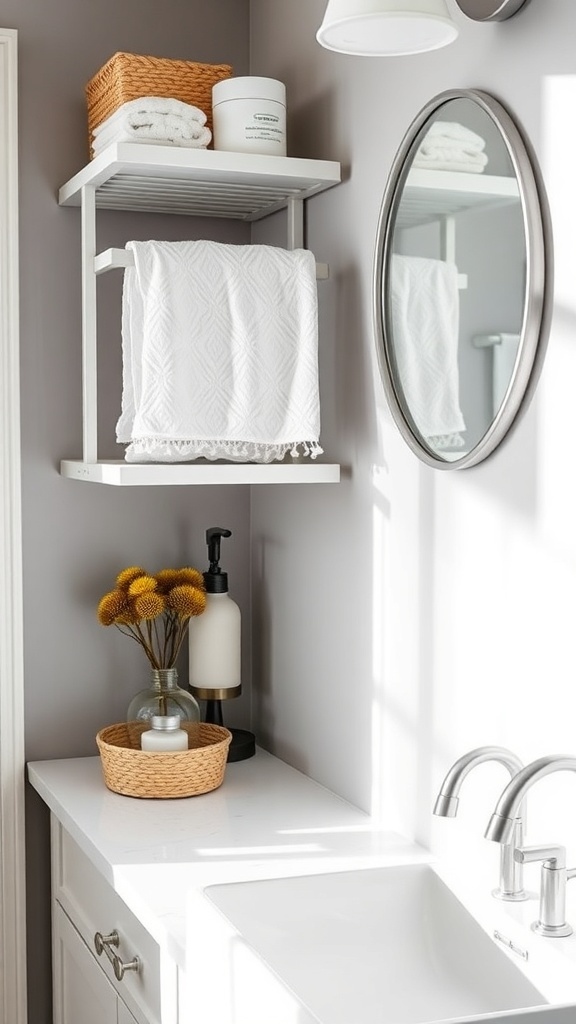 A minimalist cottage bathroom with open shelving, white towels, a round mirror, and decorative flowers.