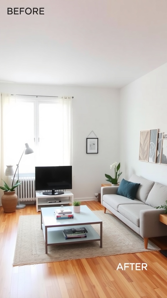 Before and after image showing a decluttered living room space.