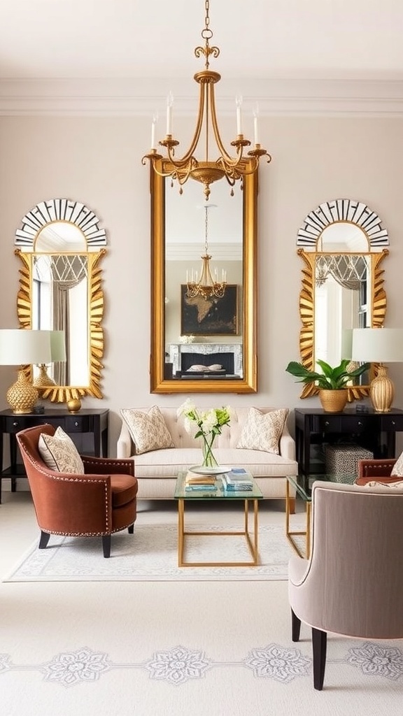 A stylish living room with three decorative mirrors, a chandelier, and cozy furniture.