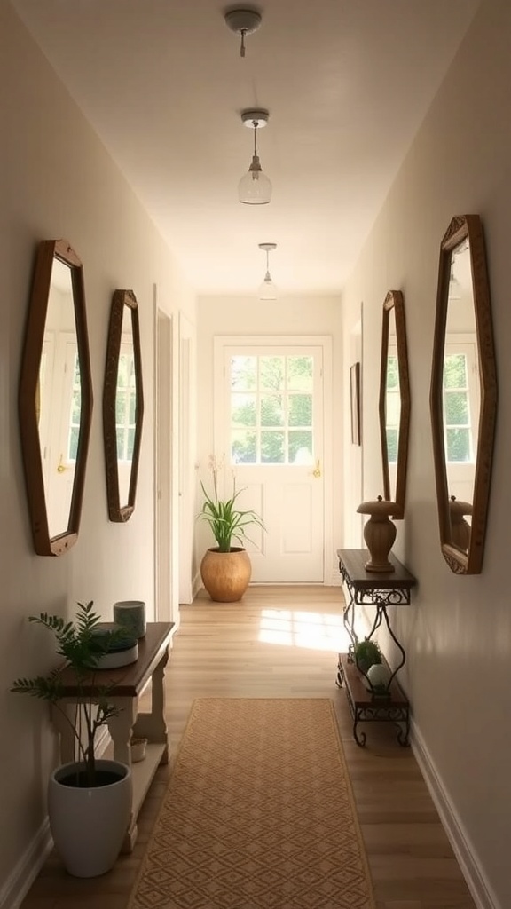 A well-lit hallway featuring three hexagonal mirrors on the wall, a potted plant, and a console table, showcasing rustic and farmhouse decor.