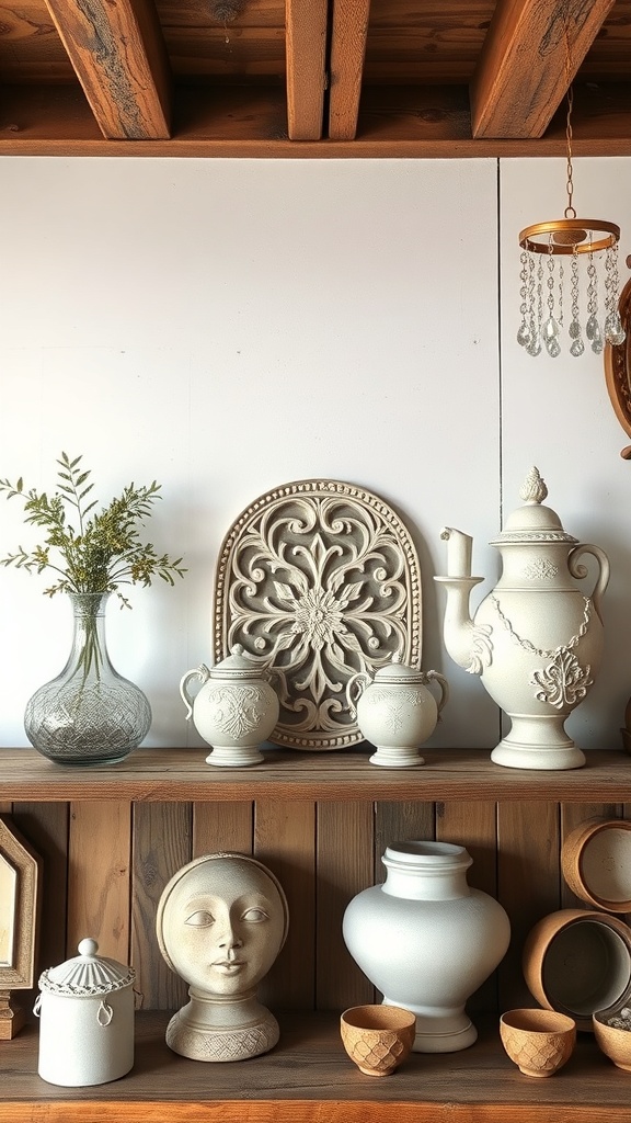A decorative shelf featuring Rococo-style accessories, including a teapot, vases, and pots, set against a wooden backdrop.