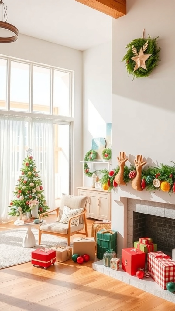 A festive living room decorated with a Christmas tree, garland, and presents.