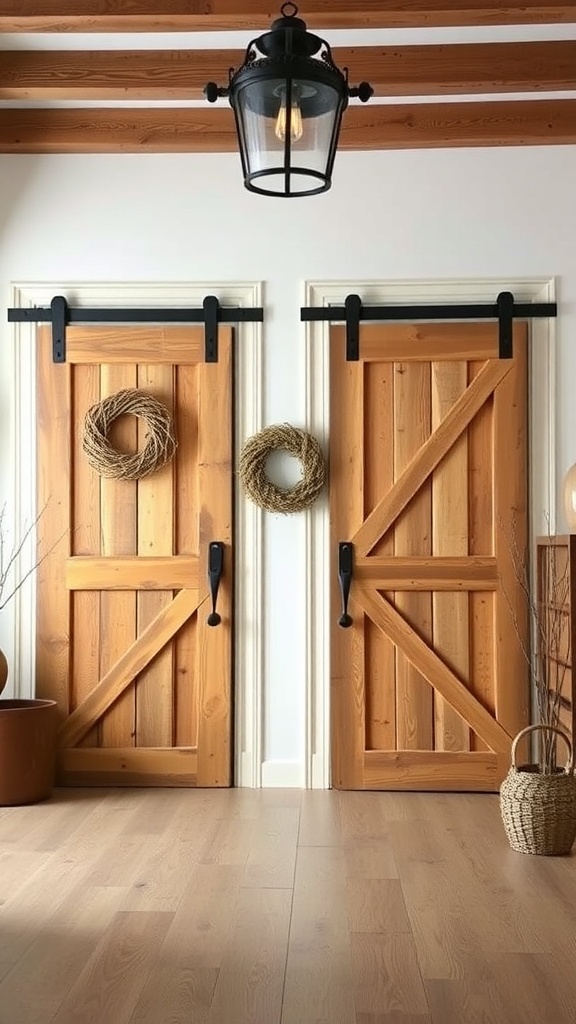 Two decorative barn doors with wooden texture and black hardware, adorned with wreaths
