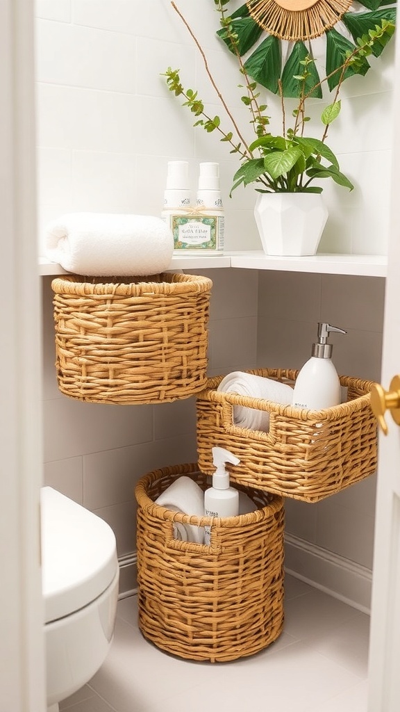 Small bathroom with decorative baskets on a shelf, a round mirror, and a plant