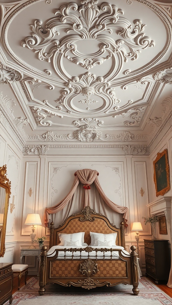 Ornate Rococo-style ceiling design in a vintage bedroom.