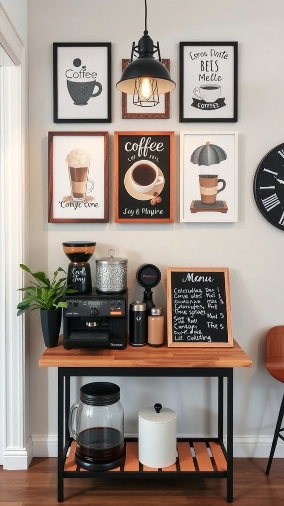 Decorative coffee art wall with framed coffee-themed prints and a stylish coffee bar setup.