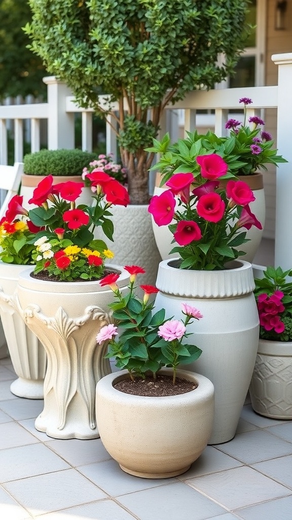 A collection of decorative concrete planters filled with colorful flowers on a patio.
