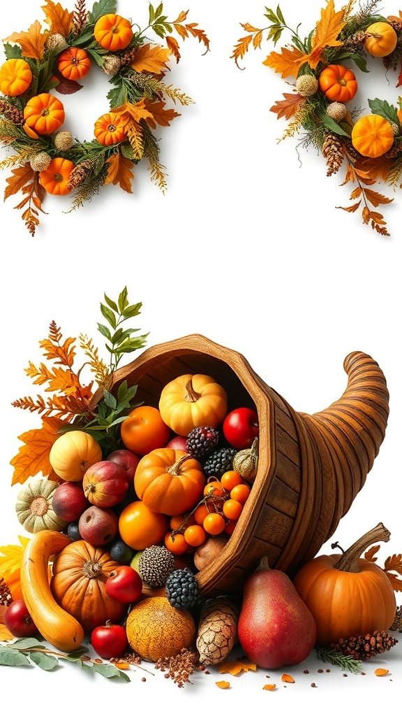 A cornucopia filled with various fruits and autumn leaves.