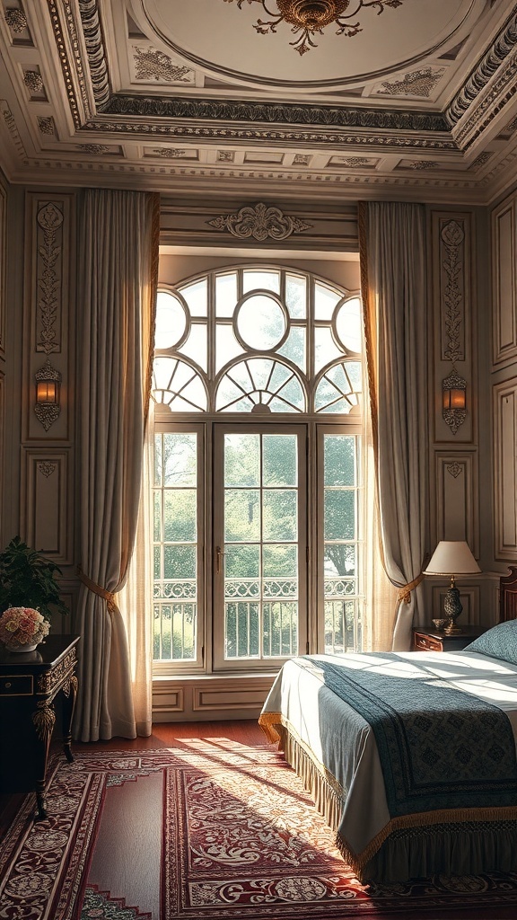An elegant Art Deco bedroom featuring decorative friezes and molding, with a large window letting in natural light.