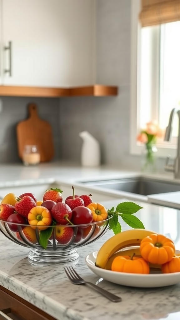 A decorative fruit bowl filled with strawberries, apples, and mini pumpkins on a kitchen countertop.