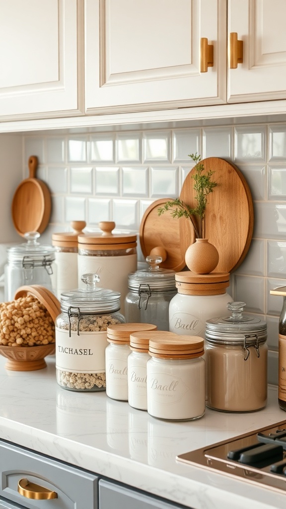 A stylish kitchen countertop featuring decorative jars and canisters with wooden lids, alongside wooden cutting boards and a small plant.