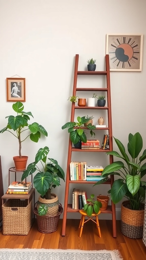 A decorative ladder display with plants and books.