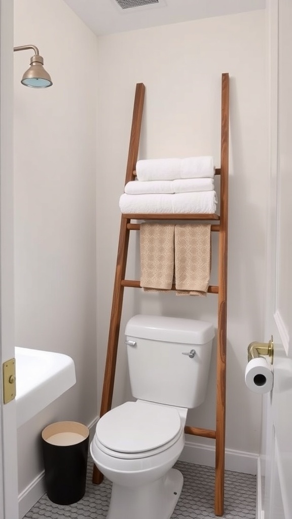 A decorative wooden ladder in a small bathroom holding towels and adding storage.