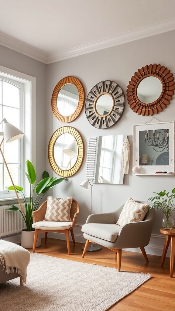 A cozy living space featuring a collection of decorative mirrors in various styles and colors, along with comfortable seating and plants.