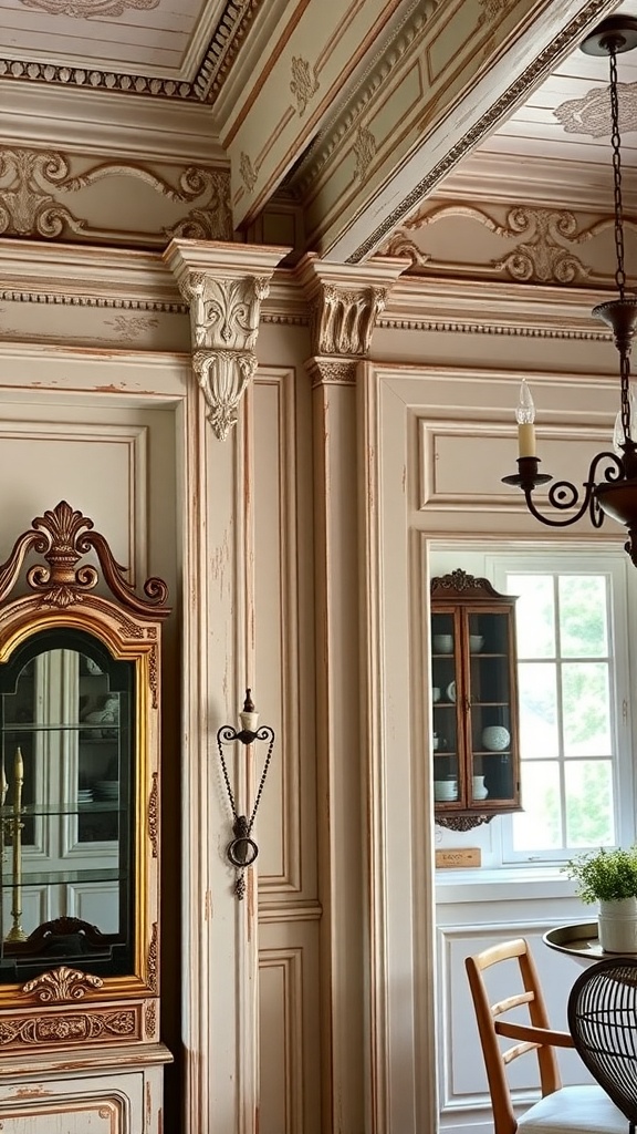 Interior view showcasing decorative molding and trim in a farmhouse setting.