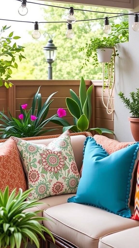 A cozy outdoor seating area featuring decorative pillows in vibrant colors and patterns.